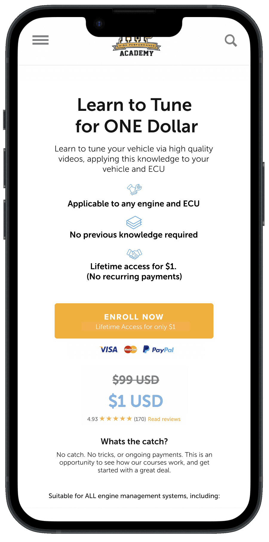 High Performance Academy $1 trial mobile landing page